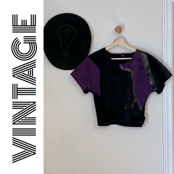 Vintage 1980s patchwork suede & leather purple & black short sleeve top 🇨🇦 - Picture 1 of 14